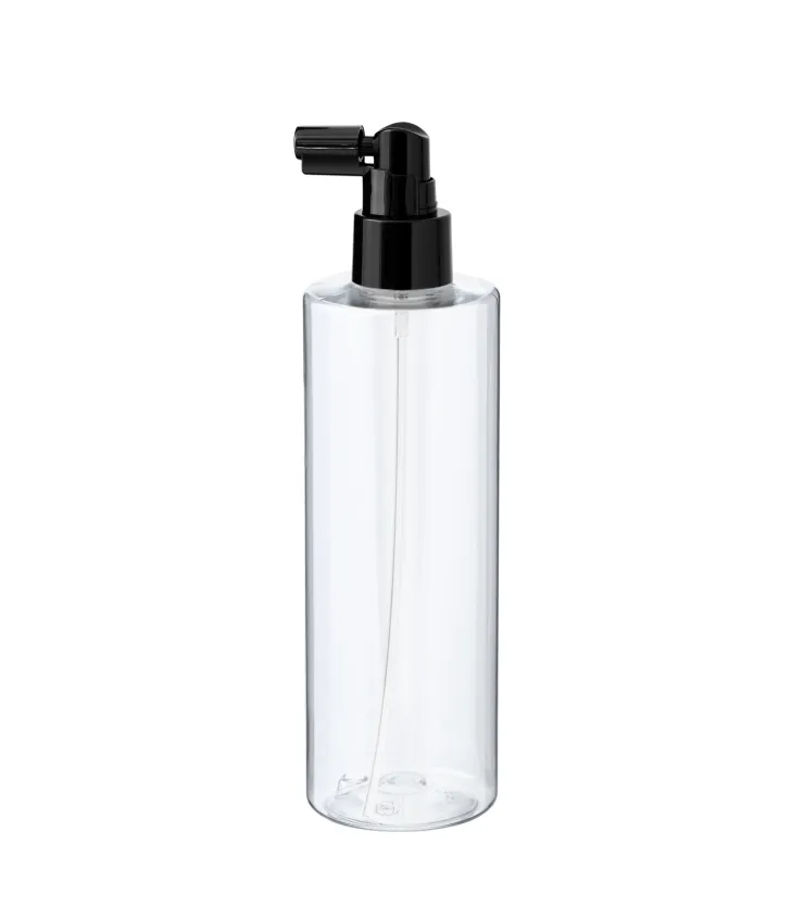 PET-Flasche 250 ml transparent mit schwarzer Pumpe für Kosmetikprodukte